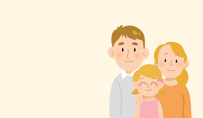 Cute vector illustration portrait of a caucasian family with two parents and their child. Father, mother and daughter together. Concept of parenthood, child education and care.