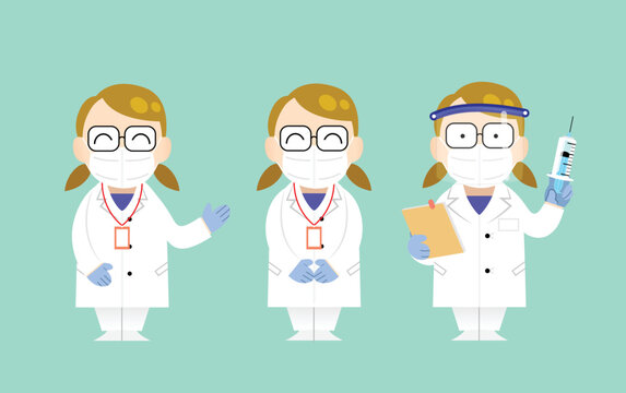 Set of three flat vector illustration. COVID-19 international vaccination campaign isolated character. Woman doctor in different poses holding a syringe of vaccine and wearing protective ffp2 mask.
