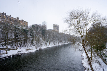 Beautiful city view and Durham Cathedral from Framwellgate Bridge over the River Wear during winter...