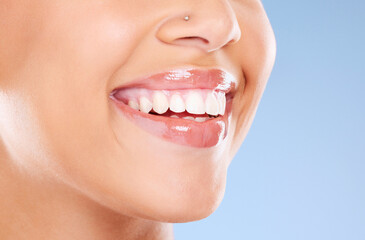 Teeth, mouth and beauty with woman and smile, dental care and Invisalign with teeth whitening and...