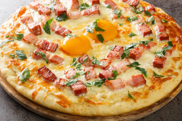 traditional pizza carbonara with egg, cream, smoked bacon, parmesan and Mozzarella cheese closeup. Horizontal