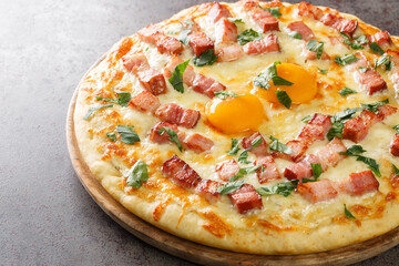 White pizza carbonara with egg, cream, bacon, cheese and herb closeup on the wooden board on the table. Horizontal