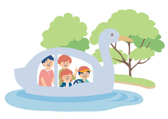 スワンボートに乗る家族のイラスト