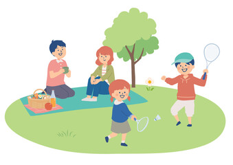 公園の広場で過ごす家族のイラスト