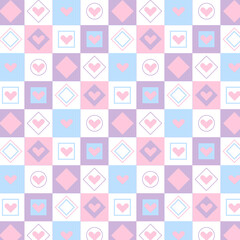 Squares pattern with heart. Pink patchwork with the word Love.