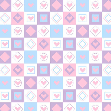 Squares pattern with heart. Pink patchwork with the word Love.