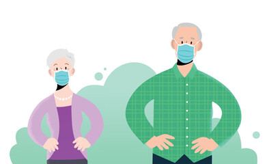 Couple of old man and old woman front view flat vector portrait, with hands on hips, and wearing protective blue surgical masks. Protection against coronavirus. Concept of protecting risk group. 