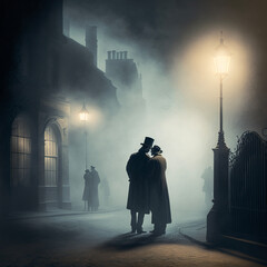 Victorian man and woman in misty london street