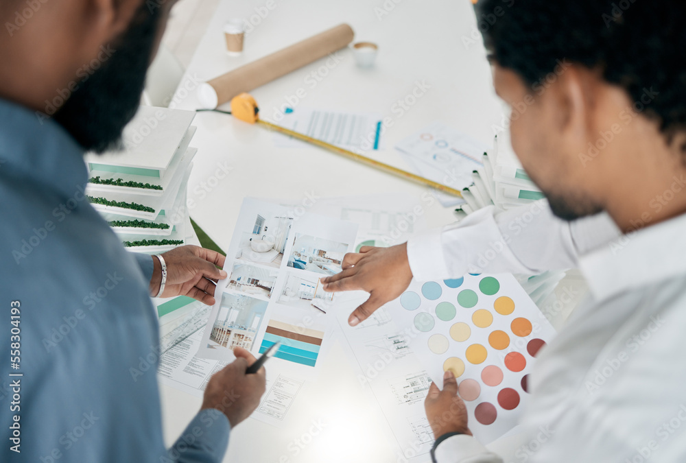 Poster architecture, interior design and planning with architect and men work together, collaboration and c
