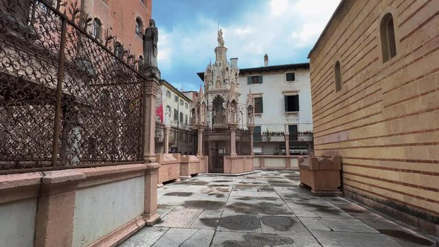 Verona empty Scaliger gothic tombs , UNESCO World Heritage Site in Italy. Zoom in of inner courtyard