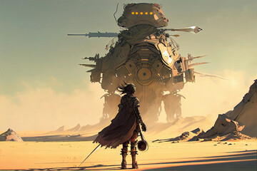 Apocalypse warrior facing a giant mechanical beast in desert, digital painting style made with generative AI.