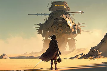 Fotobehang Grandfailure Apocalypse warrior facing a giant mechanical beast in desert, digital painting style made with generative AI.