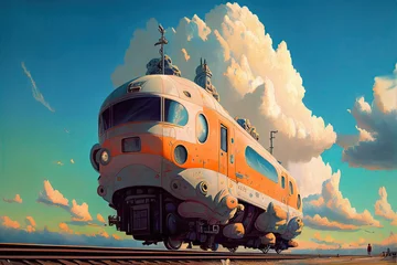 Rolgordijnen Futuristic transport train on blue sky background in digital painting style made with generative AI. © grandfailure
