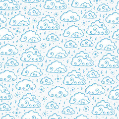Hand Drawn Doodle Cartoon Clouds Vector Seamless pattern. Rainy Sky with Stars endless background.