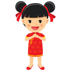 Happy chinese new year girl cartoon character in traditional clothes celebrate