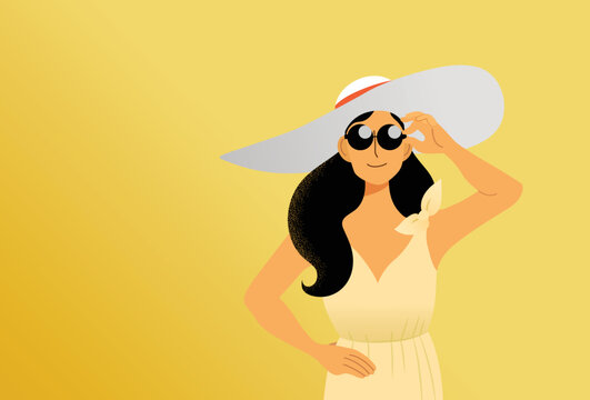 Summer holidays flat vector illustration. Smiling young woman wearing summer clothes, sunglasses, a hat and a dress. Gratuated warm background. Concept of tourism or summer sales, summer deals.