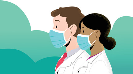 Young man and woman doctors profile close-up, wearing protective surgical blue masks. Protection against coronavirus. Medical team working together. Isolated characters flat vector.