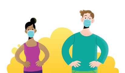 Young man and woman full-face wearing protective surgical blue masks flat vector illustration. Protection against coronavirus. Characters isolated. Hands on hips pose.