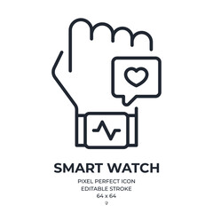 Fitness tracker smart watch and telemedicine concept editable stroke outline icon isolated on white background flat vector illustration. Pixel perfect. 64 x 64.