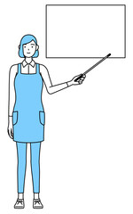 ホワイトボードを指示棒で指すエプロンを着た女性