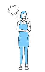 顔をかきながら考えるエプロンを着た女性