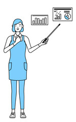 業績グラフを分析するすエプロンを着た女性