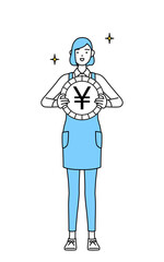 為替差益や円高のイメージ、エプロンを着た女性