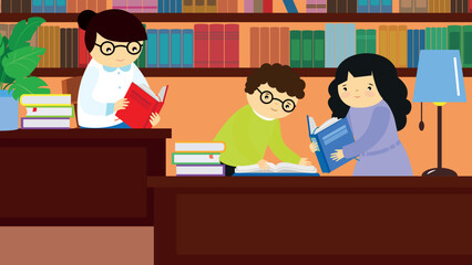 Children study in the library with books