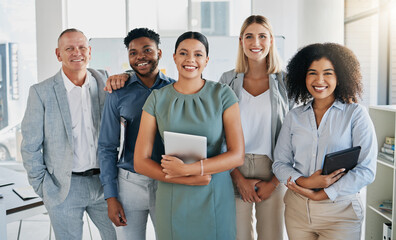Portrait, happy or business people in a digital agency in an office building with motivation, goals...