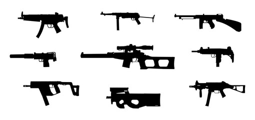 Set of SMG weapon silhouettes of guns