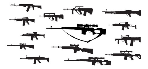 Set of assault rifle weapon vector gun silhouettes