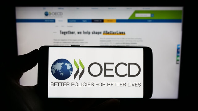 Stuttgart, Germany - 12-23-2022: Person holding mobile phone with logo of intergovernmental organisation OECD on screen in front of web page. Focus on phone display.