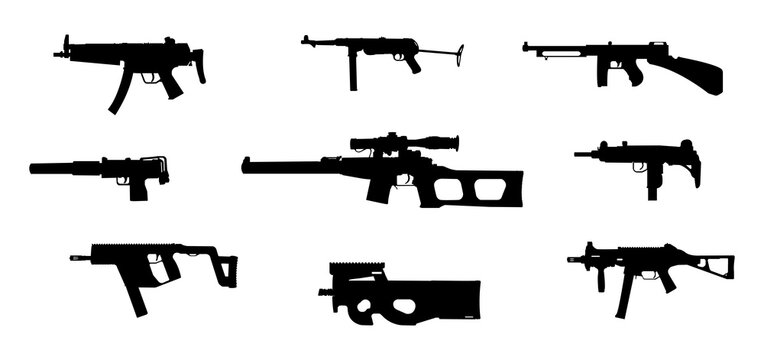 Set of SMG weapon silhouettes of guns