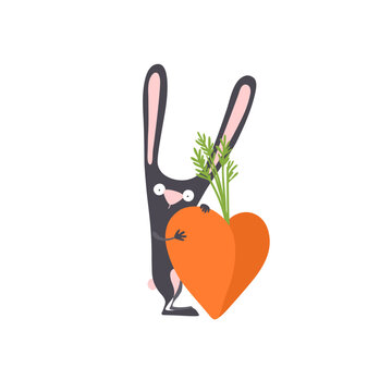 Cartoon black rabbit with carrot heart. Cute bunny with long ears.
