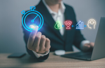 Time management for success. Starting from thinking, doing work, achieving goals, receiving bonuses.