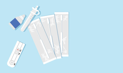 View from above of an antigen test kit (ATK), or home kit, containing three swab in sealed wrappers, a sample extraction bottle, an extraction tube and a test device. Positivity to covid-19 detection.