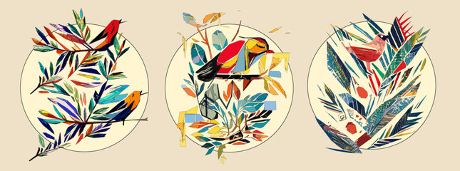 Bird on tree branch with leaves, flowers and large circle on light beige background. Colorful illustration.