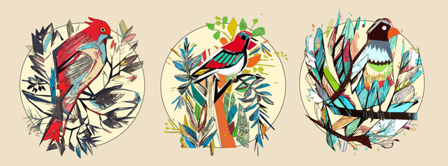 Bird on tree branch with leaves, flowers and large circle on light beige background. Colorful illustration.