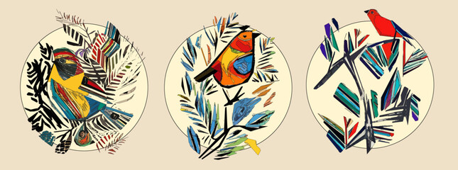 Bird on tree branch with leaves, flowers and large circle on light beige background. Colorful illustration.