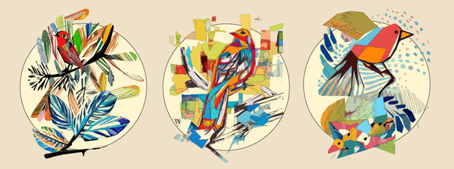 Bird on tree branch with leaves, flowers and large circle on light beige background. Colorful illustration.