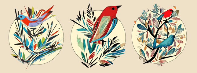 Bird on tree branch with leaves, flowers and large circle on light beige background. Colorful illustration.