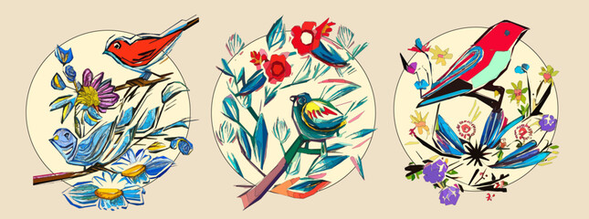 Obraz premium Bird on tree branch with leaves, flowers and large circle on light beige background. Colorful illustration.