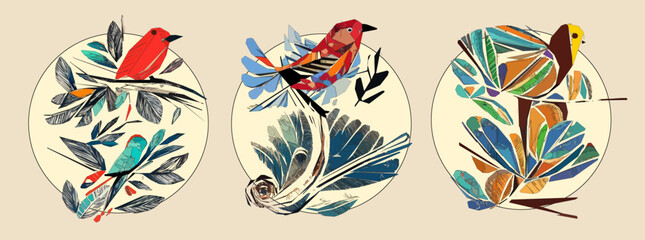 Bird on tree branch with leaves, flowers and large circle on light beige background. Colorful illustration.