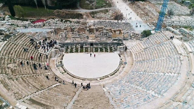 Turkey Ephesus ancient city and tourists shot by drone