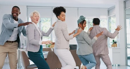 Happy, dance or employees in celebration of success, sales target or company goals in business office. Support, kpi or excited people dancing to celebrate team growth or winning bonus achievement