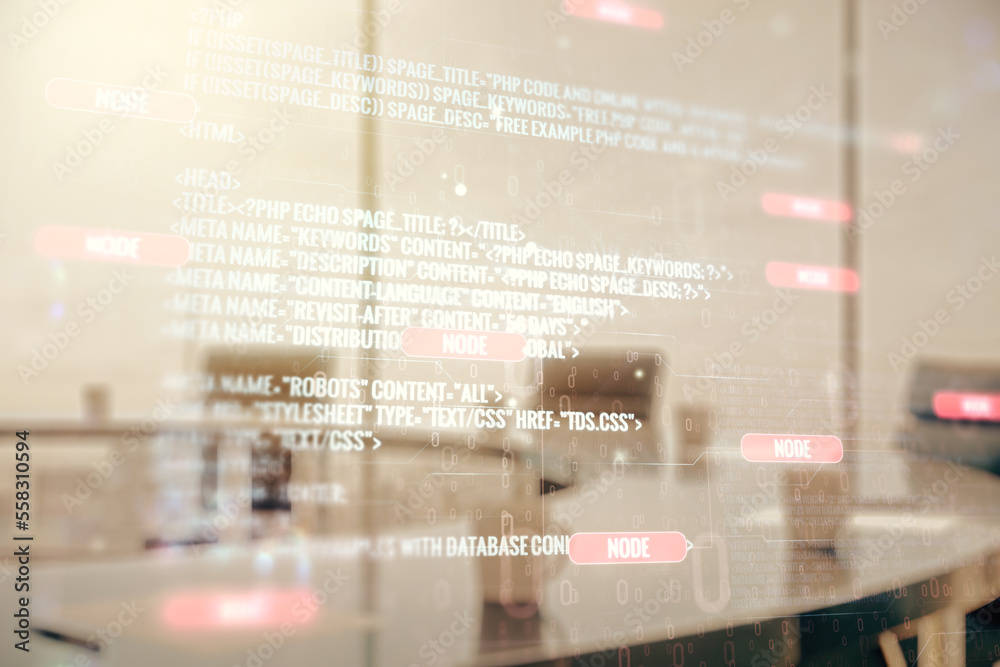 Poster multi exposure of abstract software development hologram on a modern meeting room background, resear