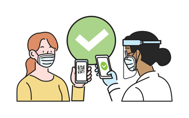Flat isolated vector. Woman wearing surgical face mask, holding smartphone with qr code on screen. Digital sanitary pass check, health pass, eu green pass, vaccine passport. Qr code control.
