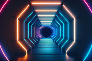 Futuristic background with neon lights in tunnel. Abstract virtual reality background with glowing lines reflections. Generative AI