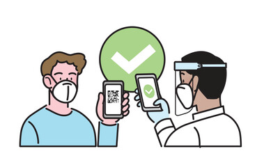 Line icon isolated  flat vector. Man wearing protective ffp2 kn95 face mask, holding smartphone with qr code on screen. Digital sanitary pass check, vaccine passport, health pass, eu covid green pass.