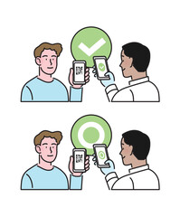 Flat isolated vector. Man holding smartphone with qr code on screen. Digital sanitary pass check, health pass, eu green pass, vaccine passport. Qr code pass control or validation. Qr code scanning.